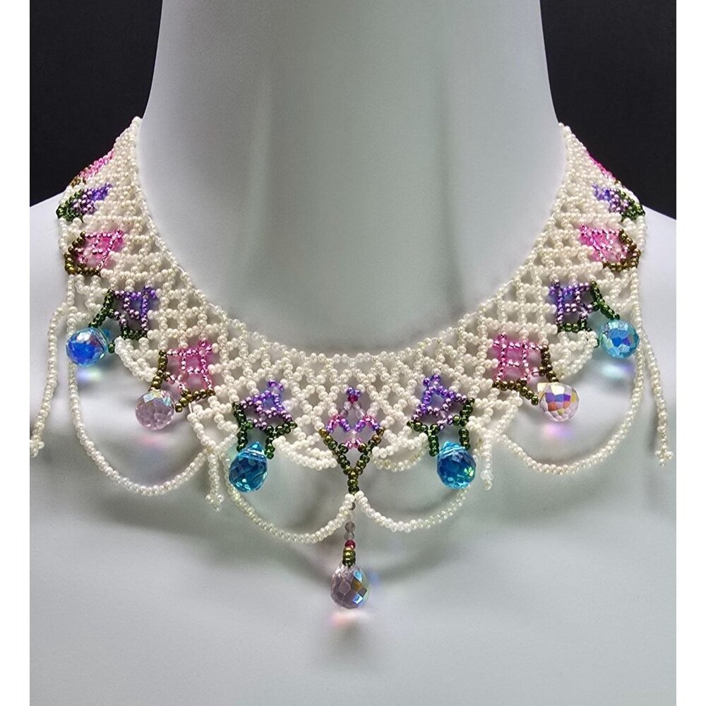 Handcrafted Beaded Choker .925 Sterling Silver Pink and Purple Hyacinth Inspired